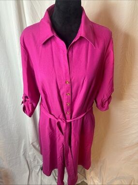 Sharagano Fuchsia Button-Front Midi Shirt Dress with Waist Tie